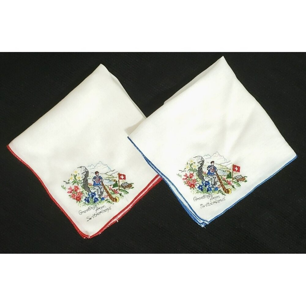 VTG Greetings Switzerland Hankies Embroidered Man Horn Mountains Flowers Flag